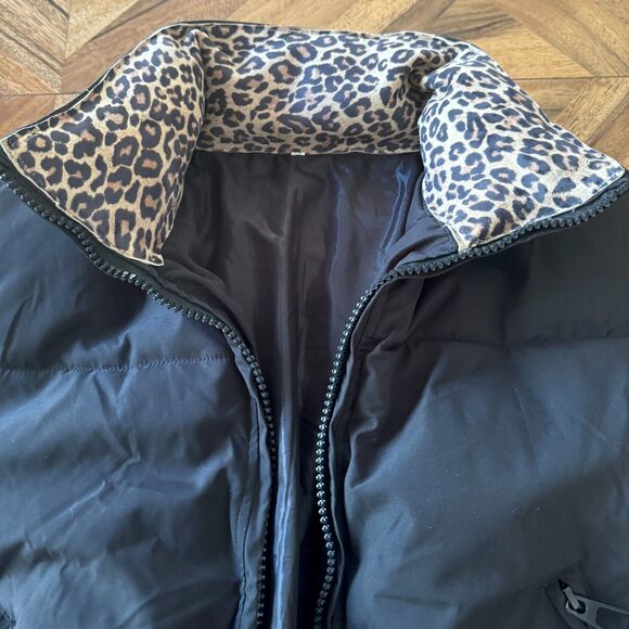 Cropped Black Puffer Jacket Soft Suede Leopard Print Collar Ribbed Cuffs Urban - Picture 7 of 12